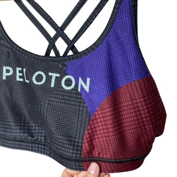 Peloton WITH Wear It To Heart Topsy Turvy Bra Houndstooth Red Purple Black - Picture 2 of 5
